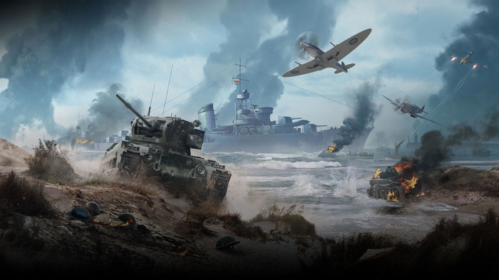 World of Warplanes beach assault with tanks and aircraft