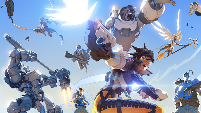 Overwatch characters fighting in the sky