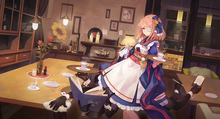 Anime girl in a cafe serving coffee