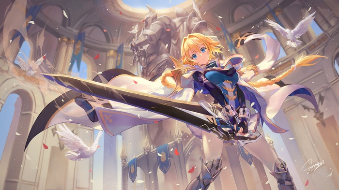 Anime girl knight with sword and doves in cathedral