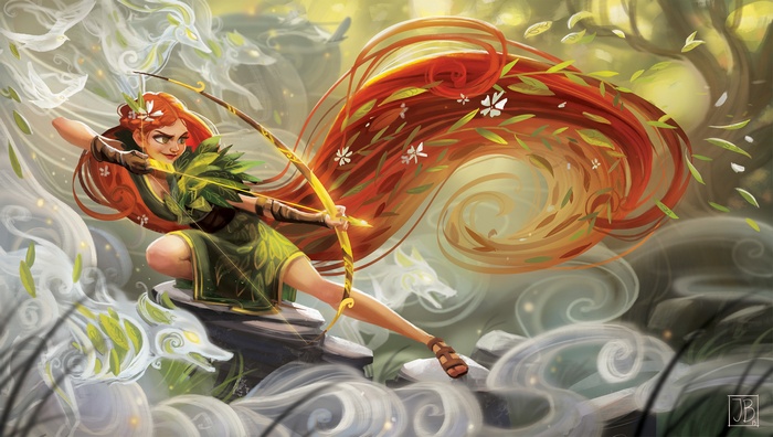 Redhead archer with bow and spirit wolves in forest