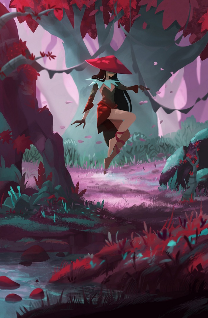 A character in a red hat and dress in a magical forest