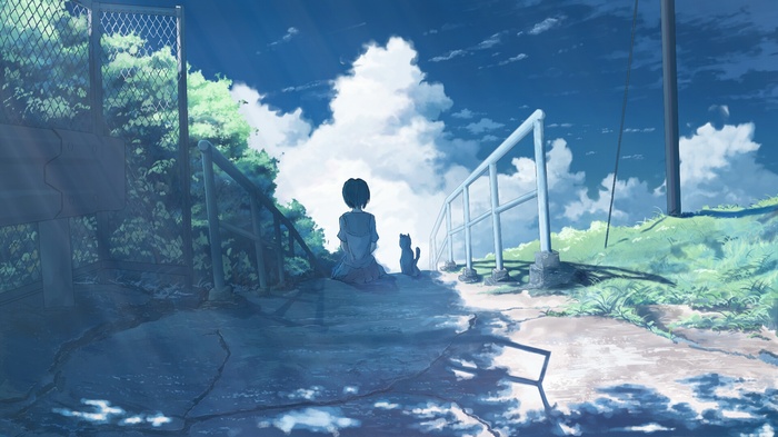 Anime girl and cat on a path with a fence