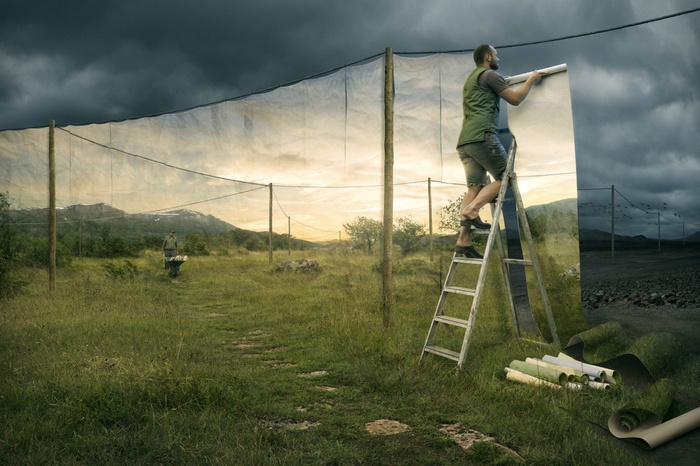 landscape, men, sunlight, Photoshop, digital art, utility pole, grass, ladder, surreal, poster, clouds, mountains, storm, Erik Johansson, nature, photo manipulation, optical illusion
