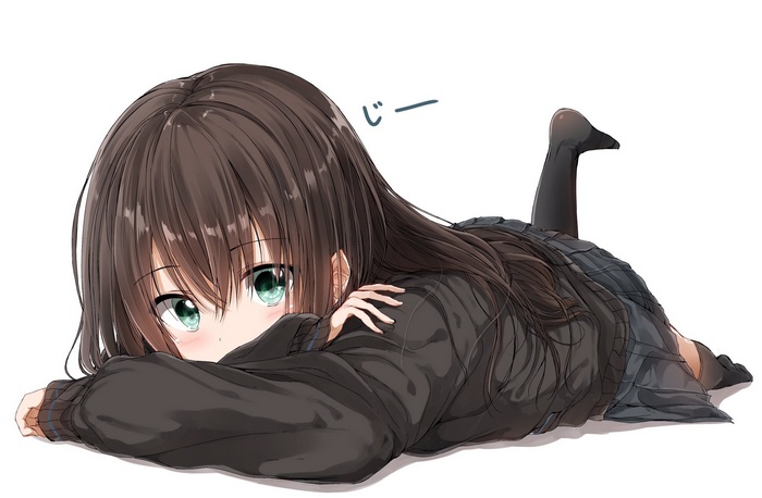 white background, lying on front, anime girls, schoolgirl, school uniform, looking at viewer, long hair