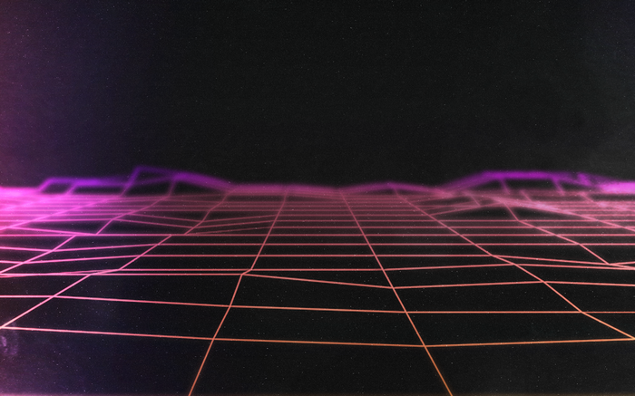 Retro grid landscape with neon mountains and stars