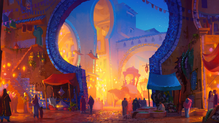 Digital art of a bustling marketplace at dusk