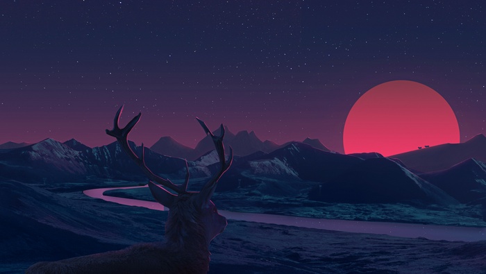 Deer in a mountainous landscape at sunset with a large red sun