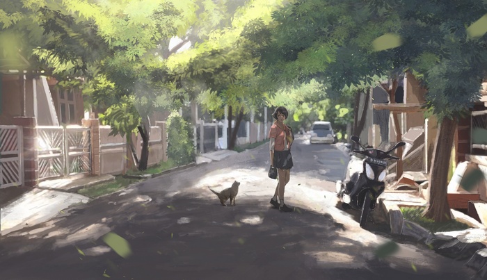 Girl and cat on a street with a motorcycle