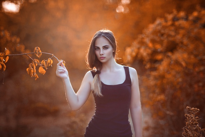 bare shoulders, looking at viewer, black dress, 500px, women outdoors, portrait, depth of field, women, blonde