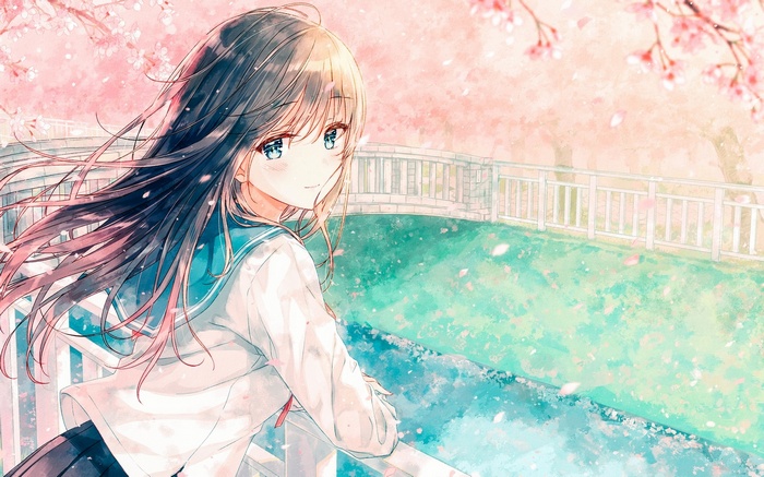 Anime girl in school uniform near cherry blossoms and bridge