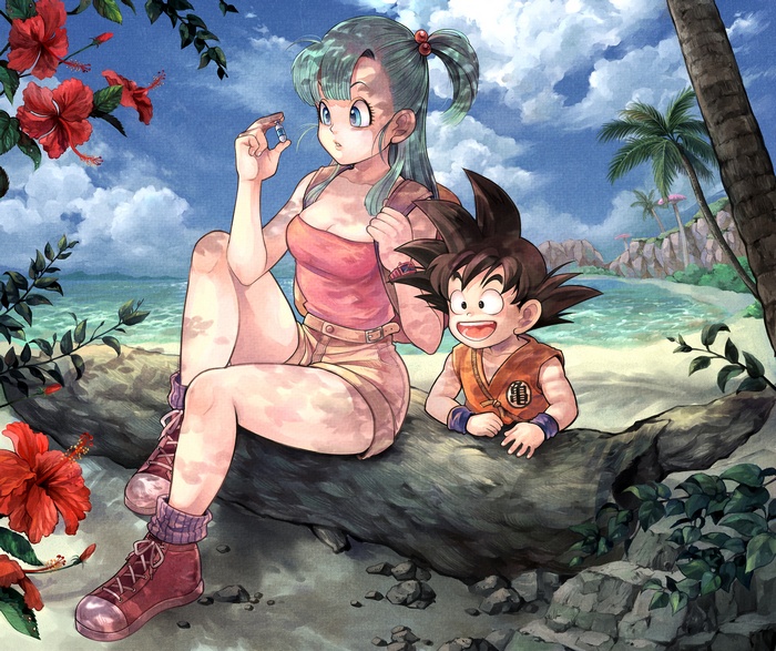 Young Bulma and Goku from Dragon Ball on a beach