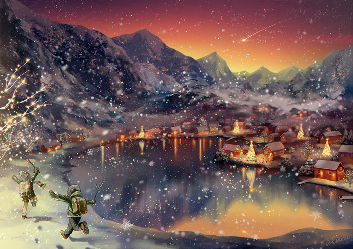 Anime winter village by a lake at sunset