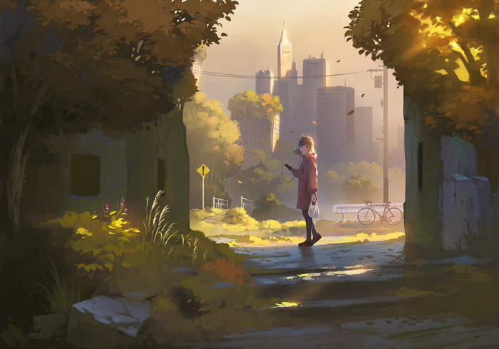Anime girl with headphones walking in a city park during fall