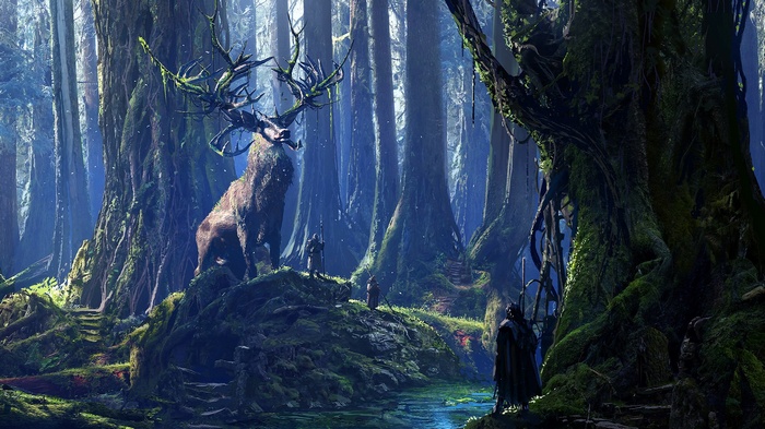 Fantasy forest with a stag and robed figures