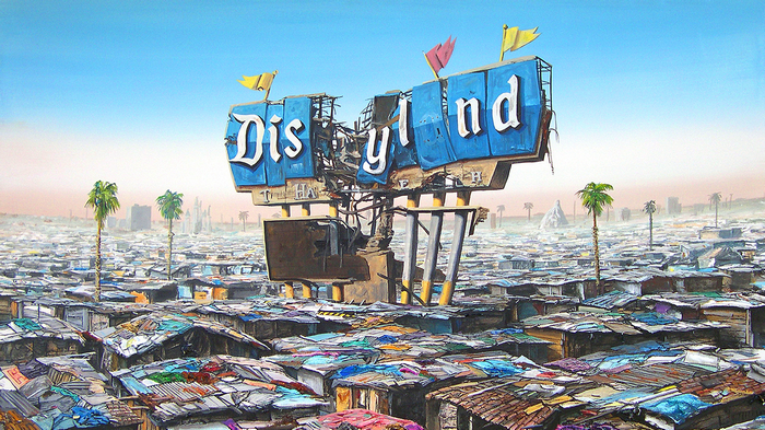 Destroyed Disneyland sign over a slum with palm trees