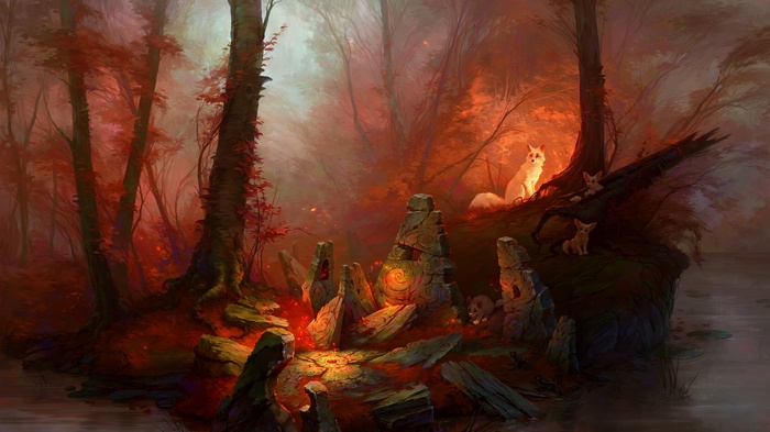 Foxes in a magical forest with standing stones