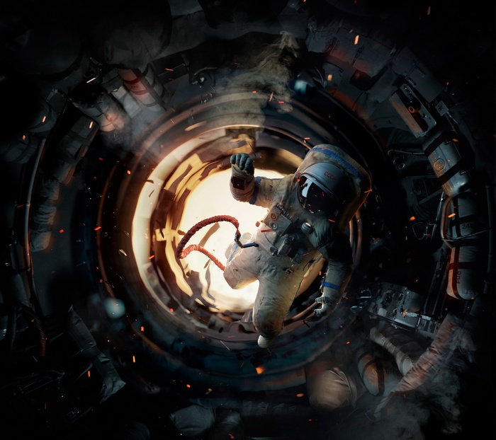 Astronaut floating in a damaged space station tunnel