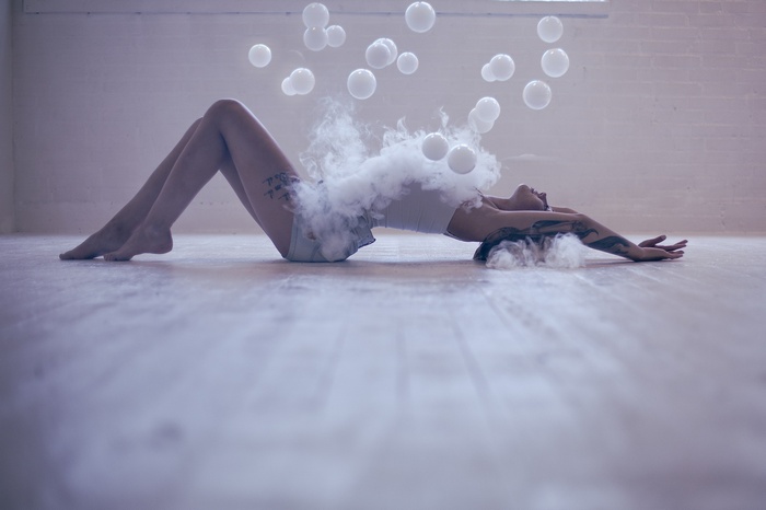 women, bubbles, Denice Nielsen, jean shorts, side view, arms up, white tops, arched back, tattoo, smoke, Reno Hansen, brunette