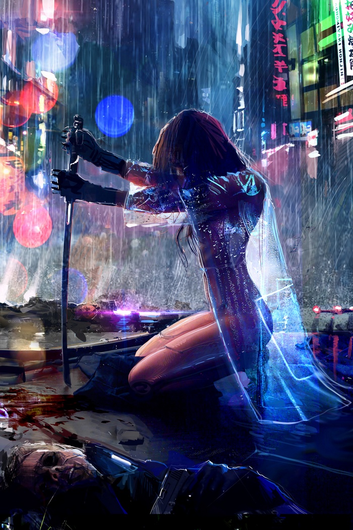 Cyberpunk warrior with sword in rainy city