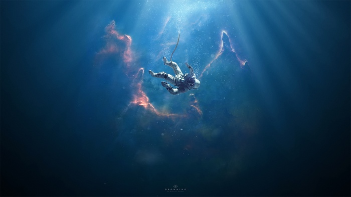 Astronaut falling in deep blue space with nebulae