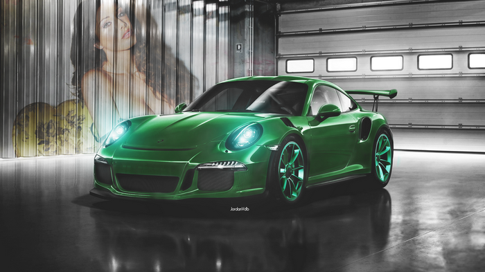 Green Porsche 911 GT3 RS in a garage with a woman's image