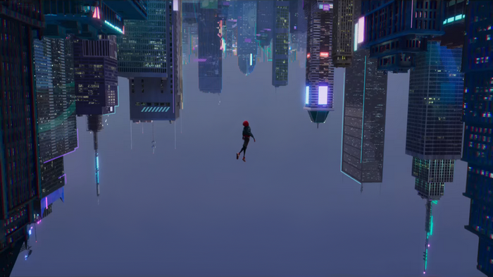 Miles Morales flying in a neon city