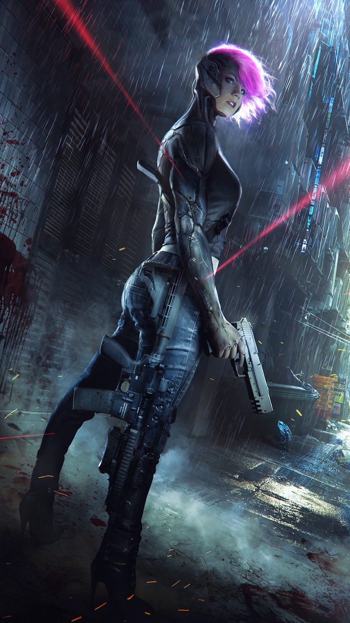 Woman with pink hair holding a gun in the rain