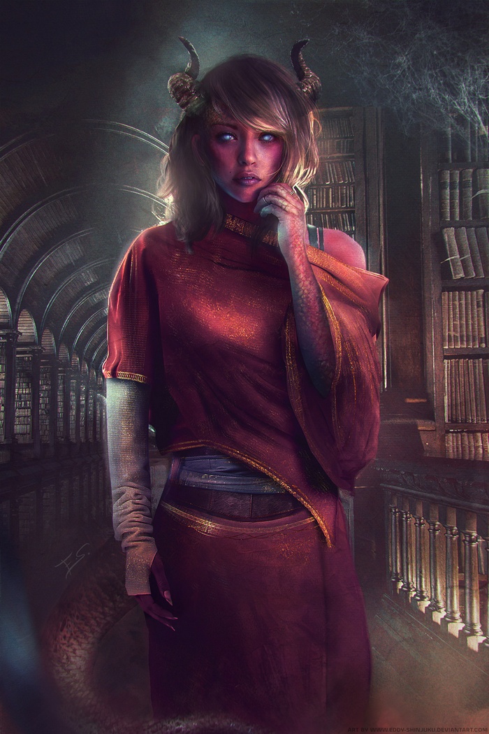 A demon woman with horns in a library