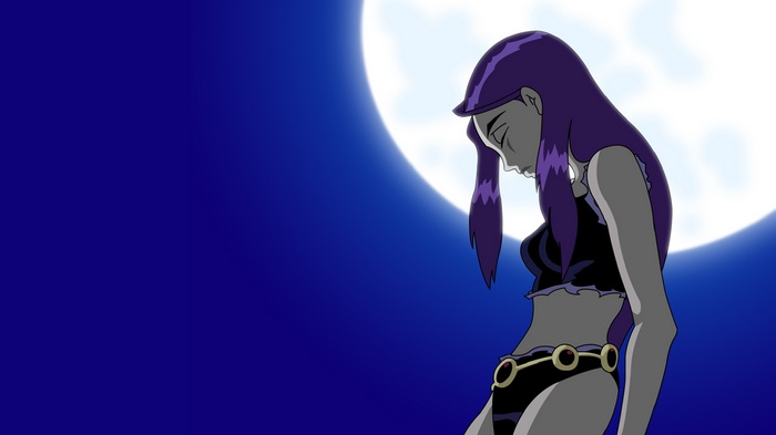 Raven from Teen Titans in front of a large moon