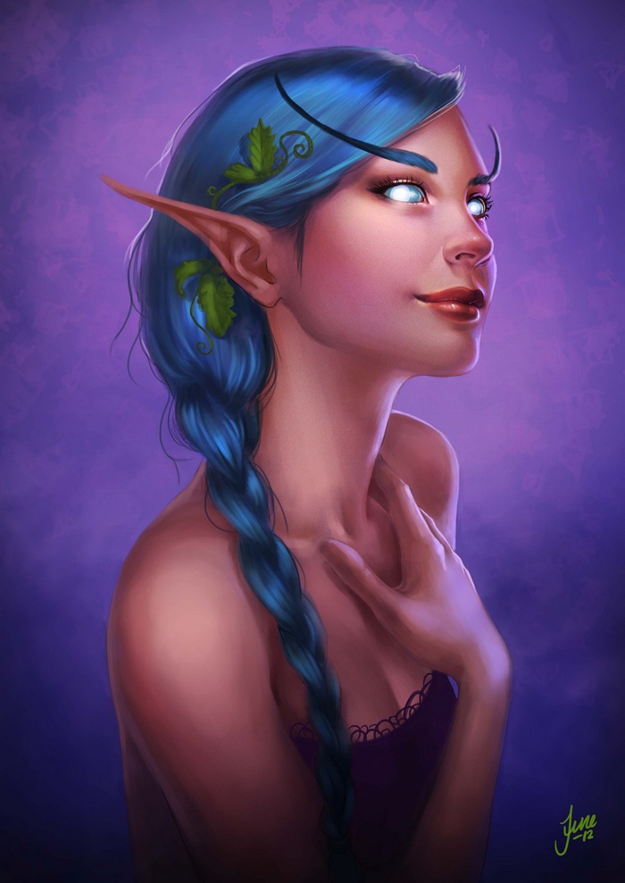 Elven woman with blue hair and glowing eyes