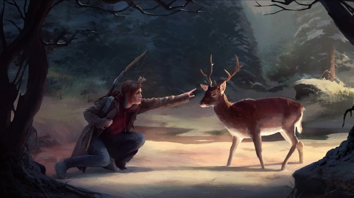 Ellie from The Last of Us with a deer in a snowy forest
