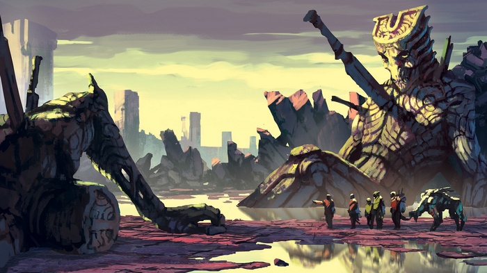 Giant ruins and explorers in a flooded landscape