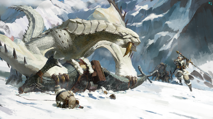 Barioth from Monster Hunter in a snowy mountain landscape