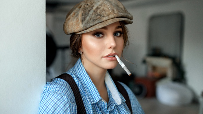 cigarettes, blue eyes, suspenders, shirt, depth of field, portrait, women, face