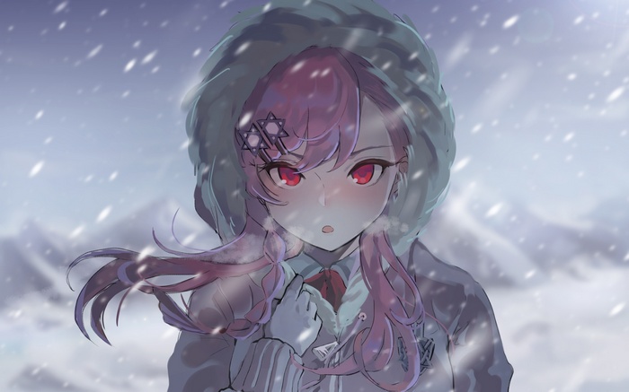 Anime girl with pink hair in snow