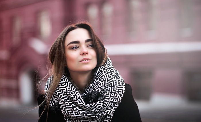 brunette, black coat, scarf, open mouth, Anton Mayorov, women, brown ...