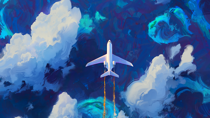 Airplane flying through abstract clouds