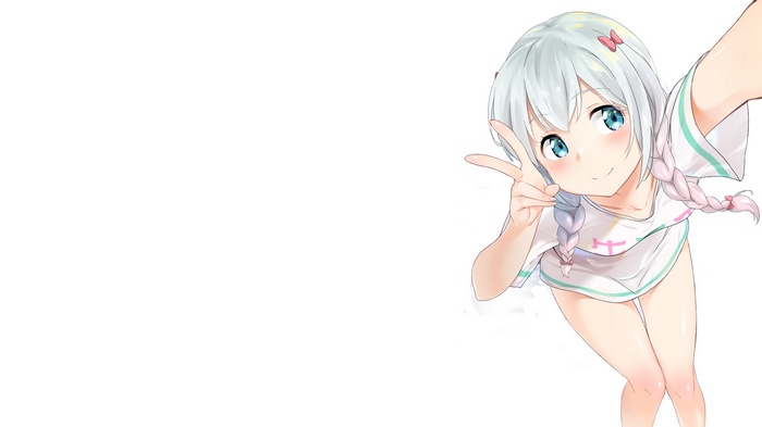 blue eyes, loli, anime, anime girls, white clothing, white hair, white background, Eromanga-sensei, Izumi Sagiri