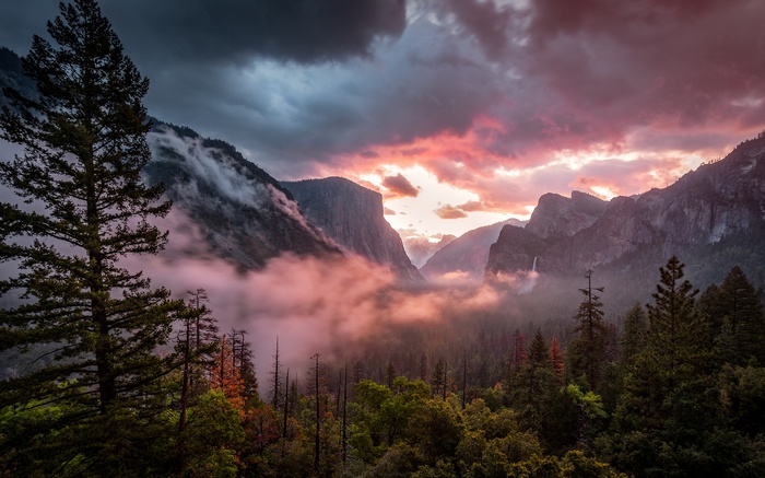 Yosemite Valley at Sunset with Fog and Clouds