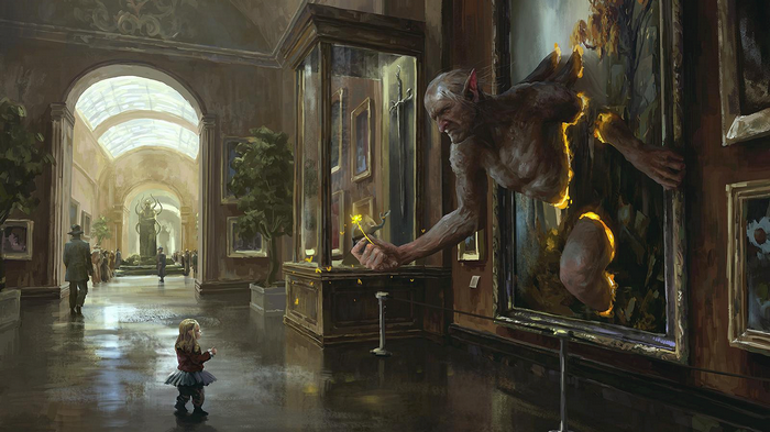 Creature emerging from painting in museum