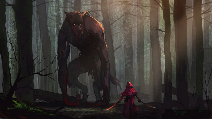 Werewolf and Little Red Riding Hood with swords in forest