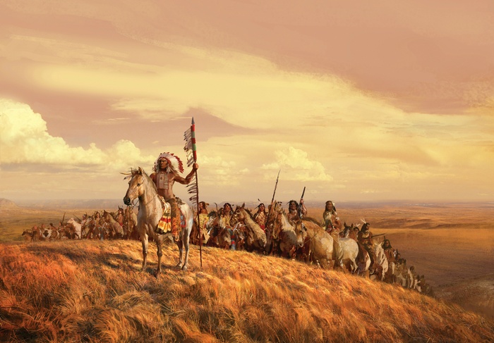 spear, Native Americans, hills, horse, nature, artwork, Native American clothing, painting, feathers, clouds