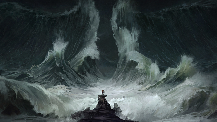 A lone figure stands on rocks amidst giant ocean waves