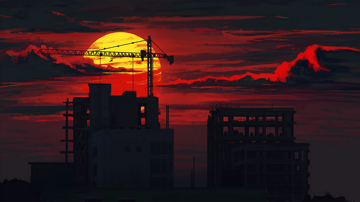 Construction site with crane during sunset