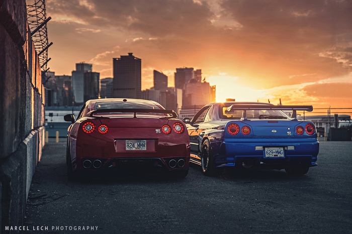 Nissan GT-R R35 and Skyline GT-R R34 at Sunset