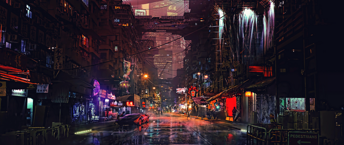 Cyberpunk city street at night with neon lights