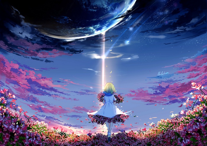 Anime girl with bouquet in flower field looking at planet