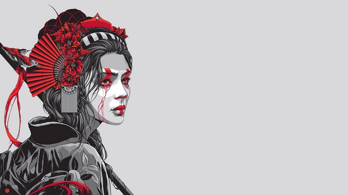 Geisha with red flowers and birds