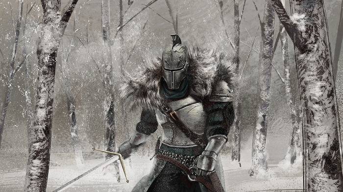 Knight in armor with sword in snowy forest